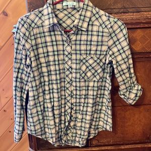 She + Sky plaid lightweight 3/4 sleeve button down green and blue